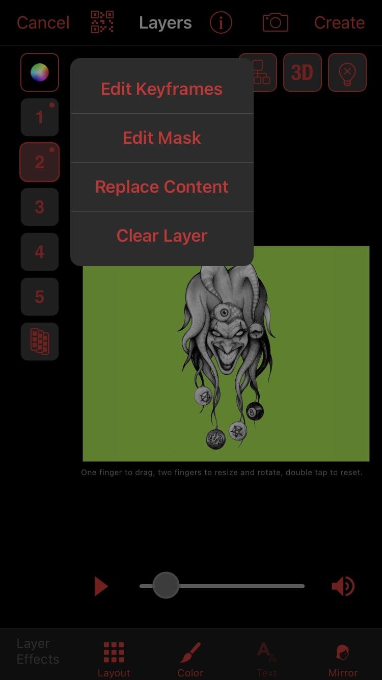 Опции слоя Layer Two в Video Star