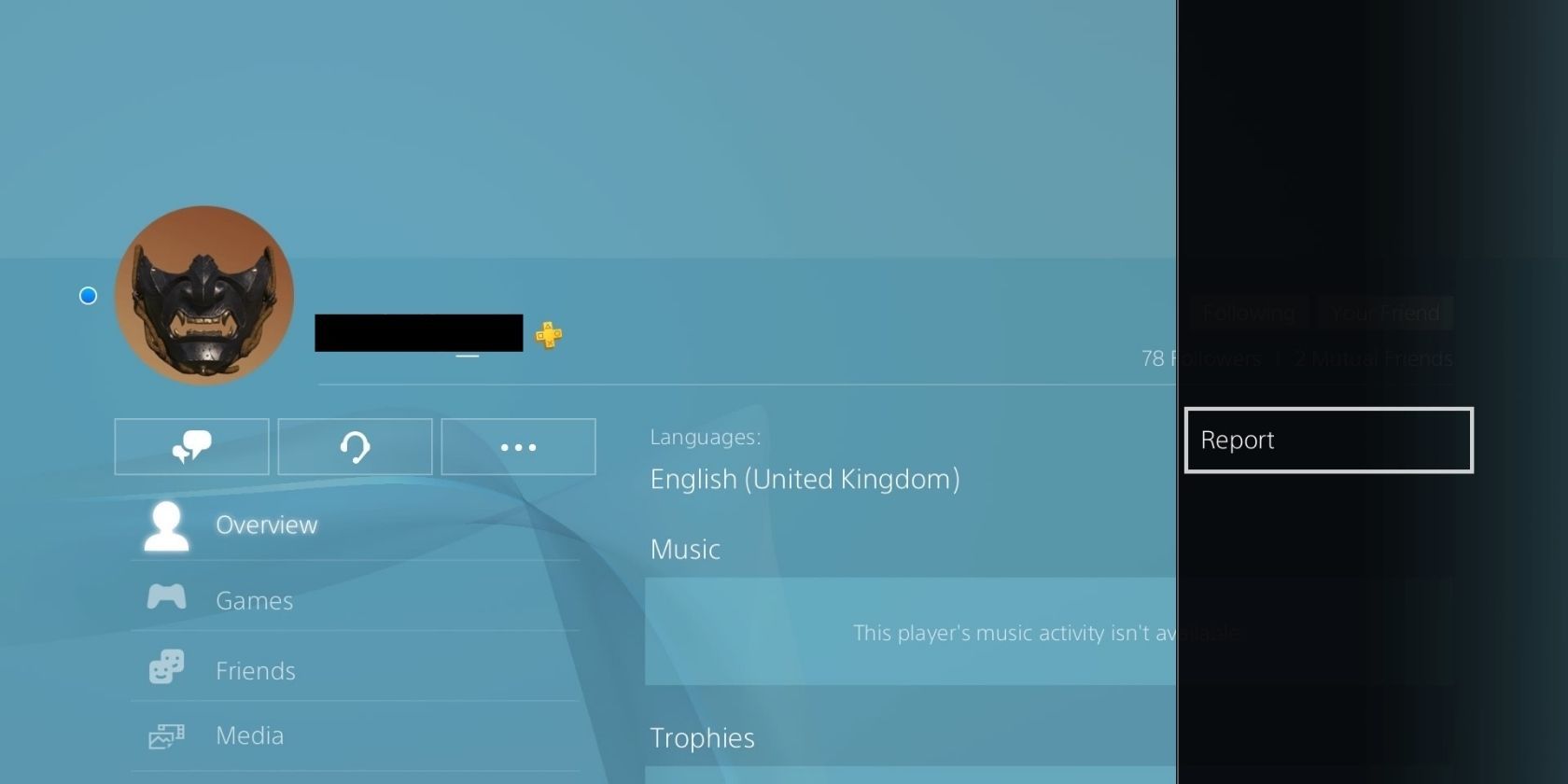 Профиль пользователя на PlayStation с меню для отправки жалобы