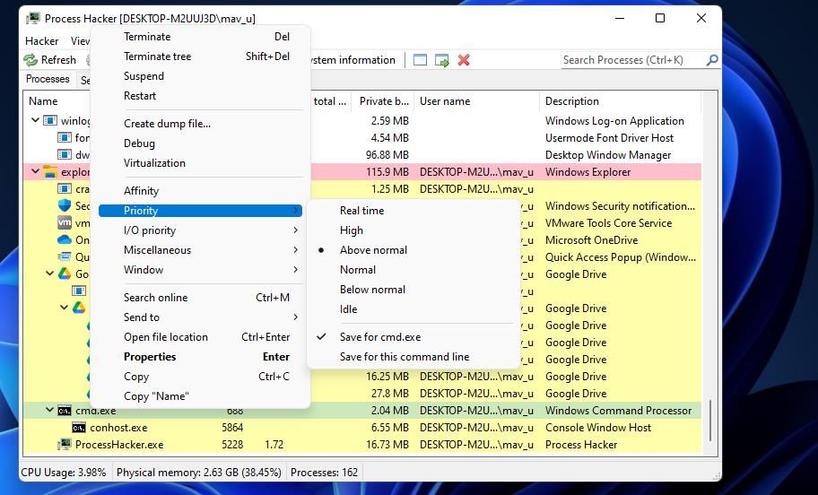 Опция Save for в Process Hacker