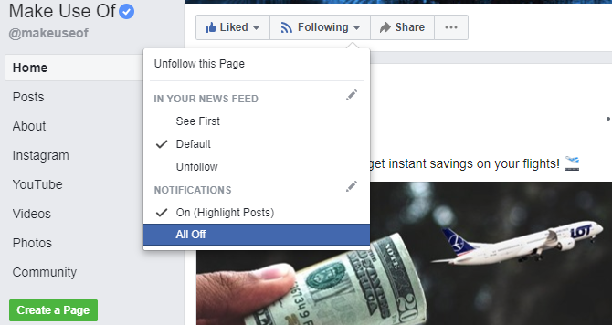 Скриншот отключения уведомлений для конкретной страницы в Facebook на компьютере