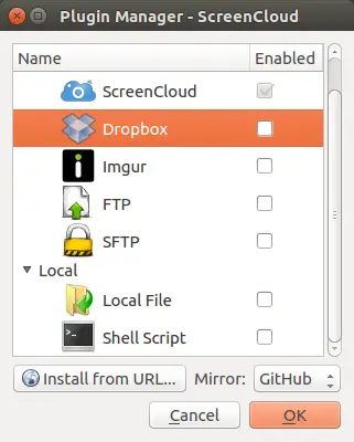 Список доступных плагинов в ScreenCloud