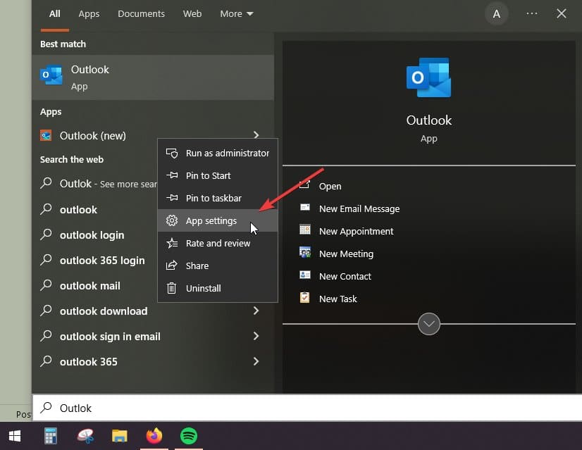 Impostazioni app Outlook con opzione per reset