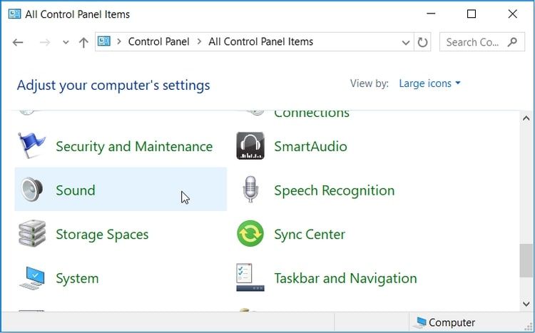 Открытие настроек звука через Панель управления