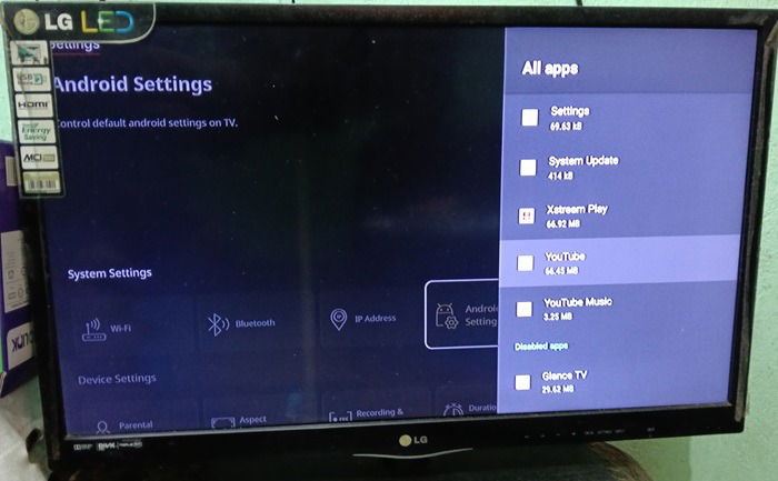 Android TV の「すべてのアプリ」画面に YouTube などのストレージ使用量が表示されている様子