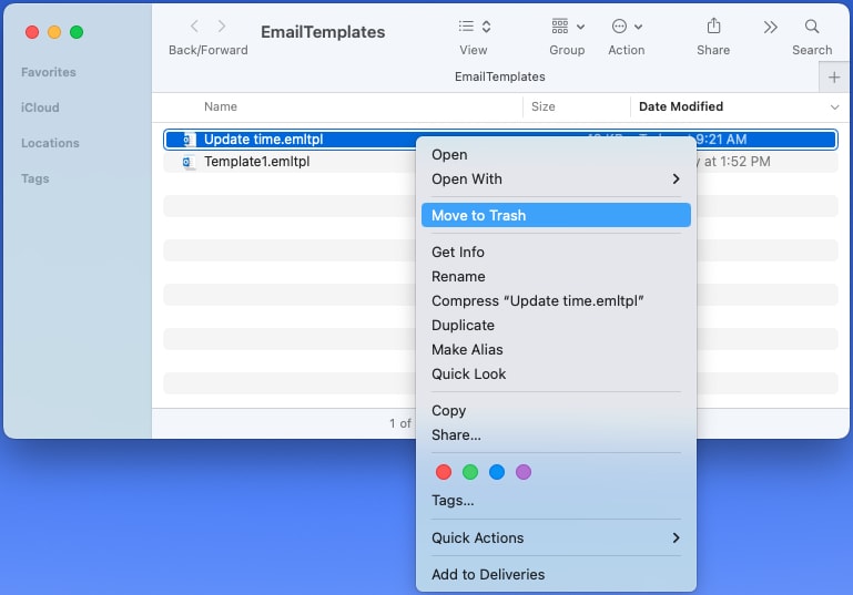 Переместить в корзину в меню на Mac