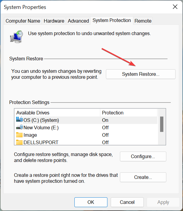 Кнопка Восстановление системы