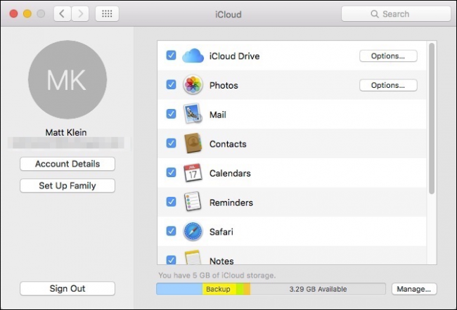 Опции iCloud в системных настройках Mac