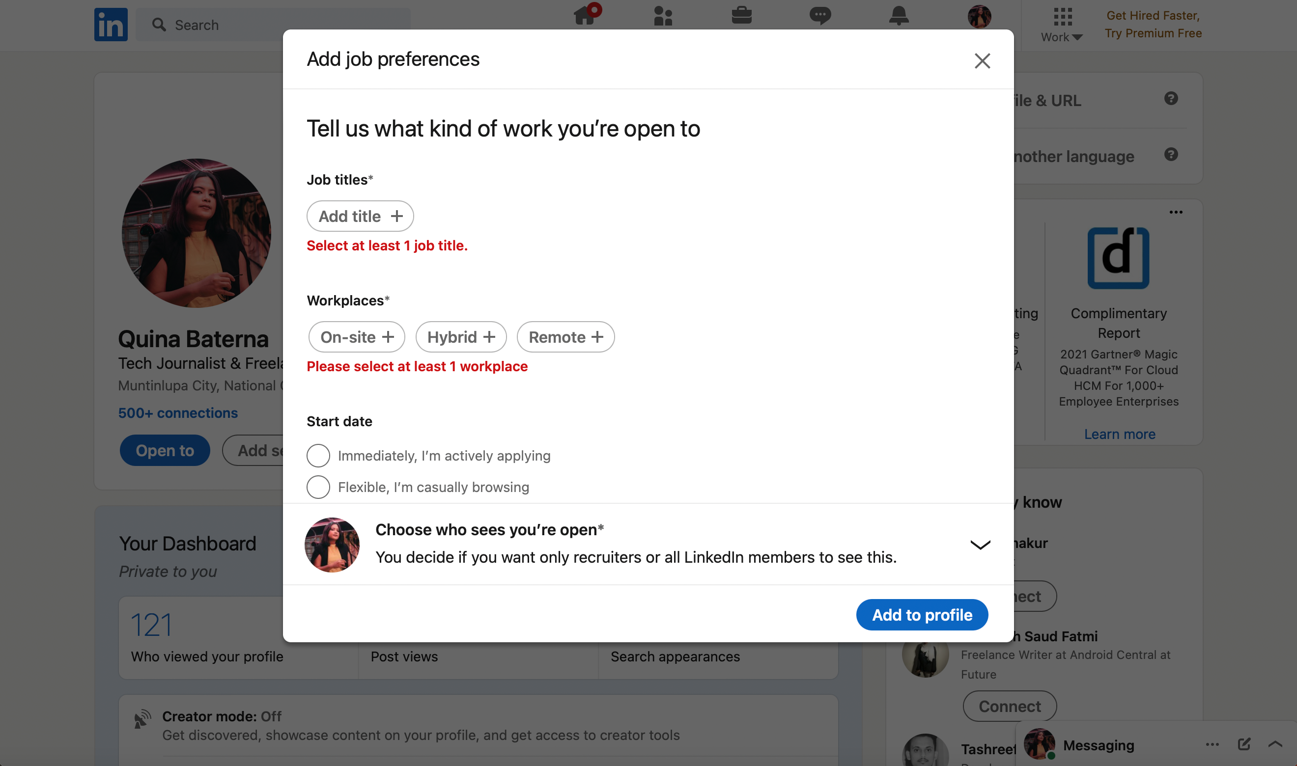 Настройки 'Open to Work' в LinkedIn — предпочтения вакансии