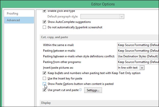 Отключение показа кнопки Параметры вставки
