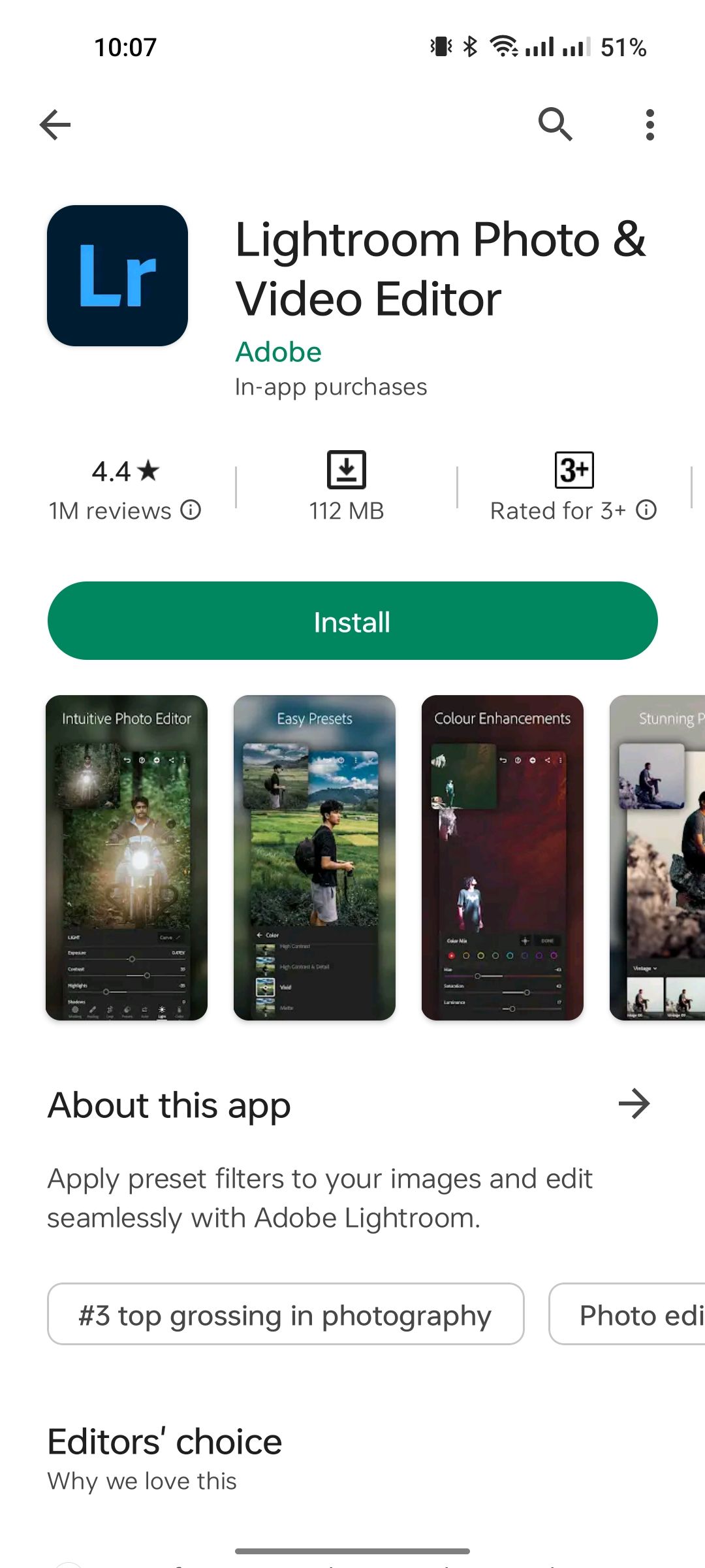 Страница приложения Lightroom в Play Store с кнопкой установки