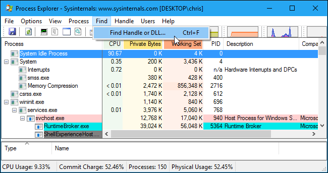 Окно Process Explorer — меню поиска Handle или DLL