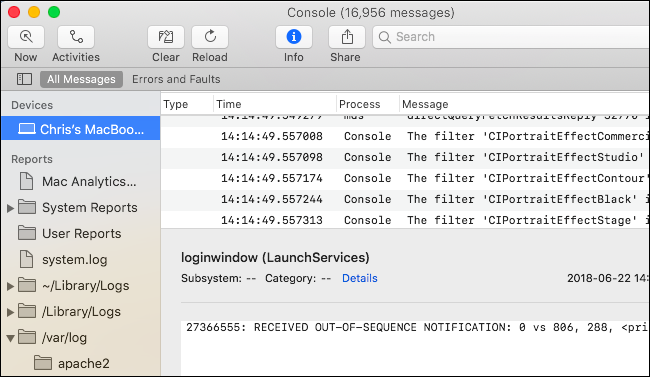 Фильтр ошибок и панель поиска в приложении Console