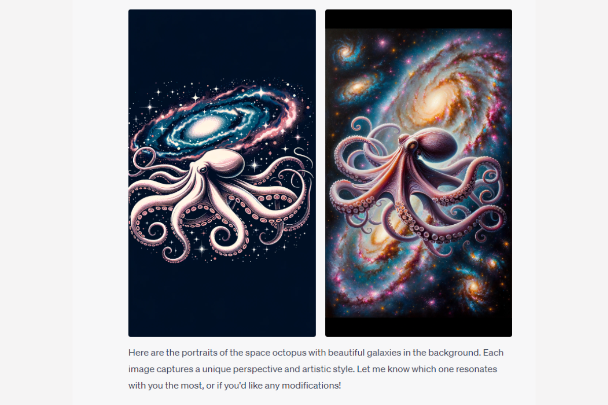 Результат DALL‑E 3 — галерея с вариантом сцены «космические осьминоги»