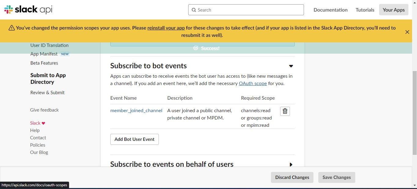 Страница повторной установки приложения Slack при изменении прав