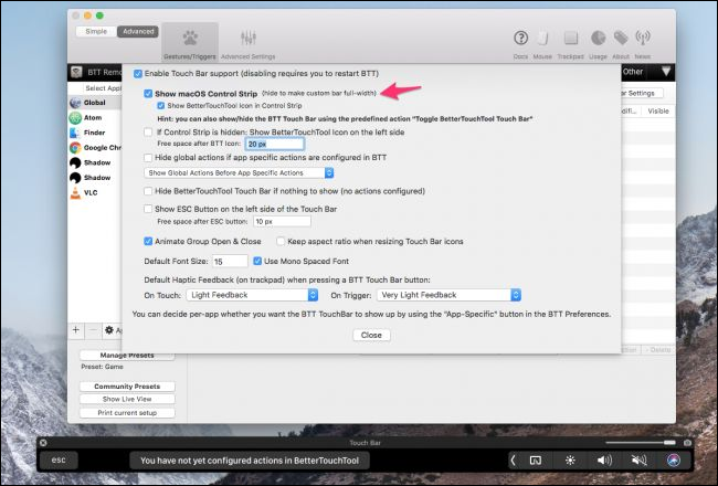 Окно настроек Touch Bar в BetterTouchTool