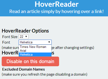 Настройки HoverReader: выбор шрифта и отключение по сайту