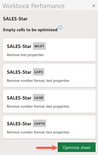 Кнопка Optimize Sheet для оптимизации выбранного листа