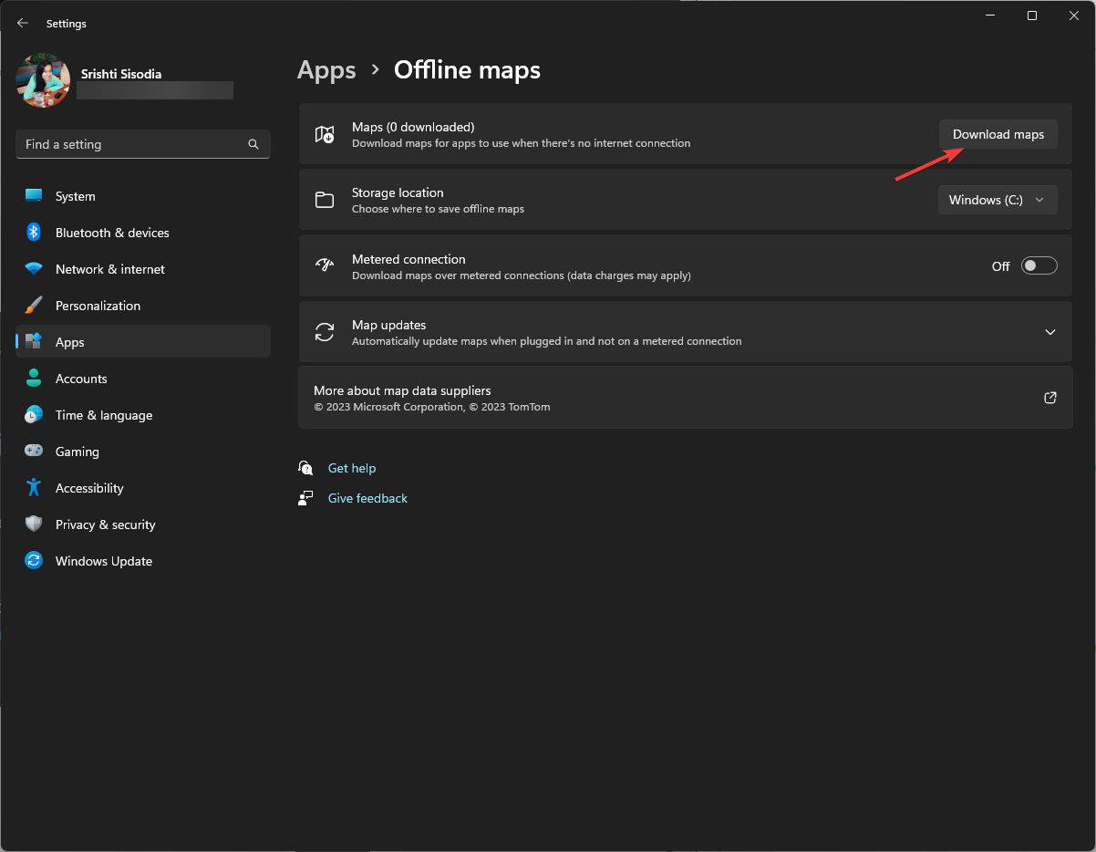 Кнопка «Скачать карты» в Windows 11