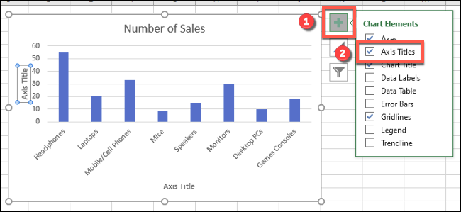 Нажмите зелёный плюс рядом с диаграммой, затем включите флажок Названия осей чтобы добавить подписи осей