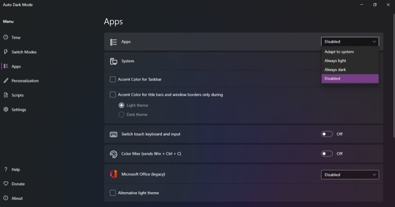 Выбор применения темы к приложениям и системе в Auto Dark Mode