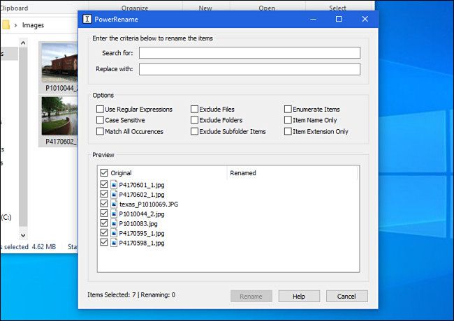 Окно PowerToys PowerRename в Windows 10
