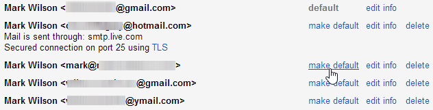 Ссылка 'сделать по умолчанию' рядом с адресом отправителя