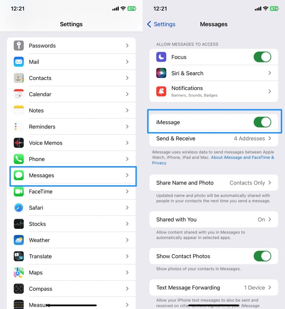 Включить iMessage - Не приходят текстовые уведомления на iPhone