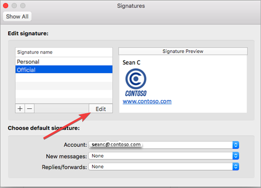 Кнопка редактирования подписи в Outlook для macOS