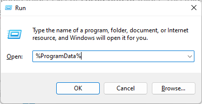 Окно 'Выполнить' с командой %programdata%