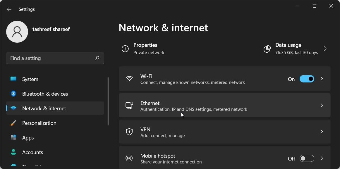 Окно 'Сеть и Интернет' в настройках Windows 11