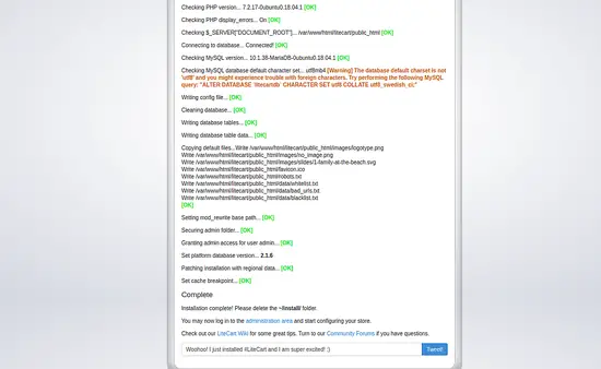 Успешная установка LiteCart