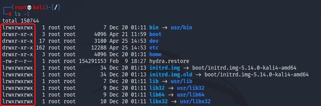 вывод ls -l с правами файлов