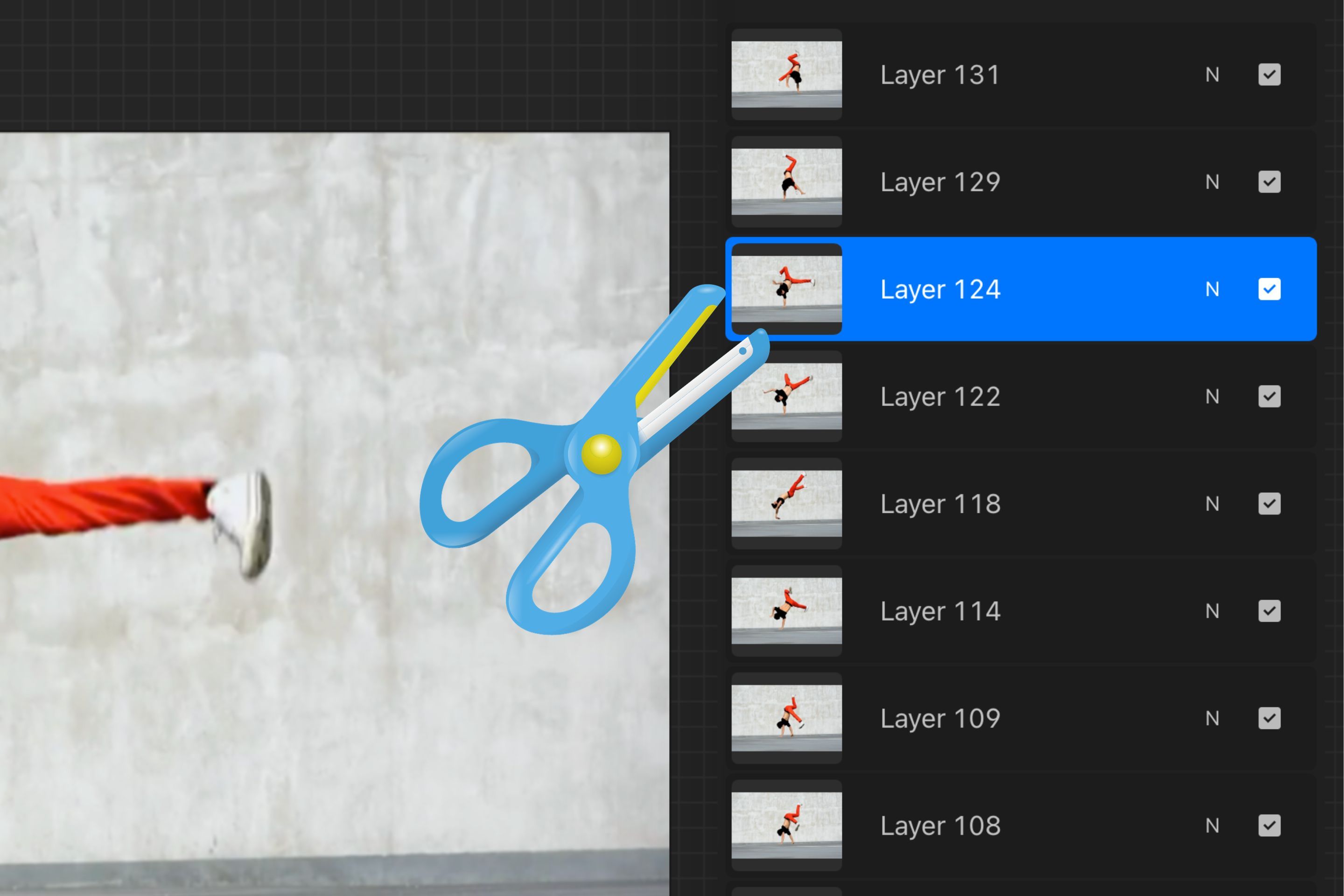 A Procreate screenshot, showing layers being cut down for animation.