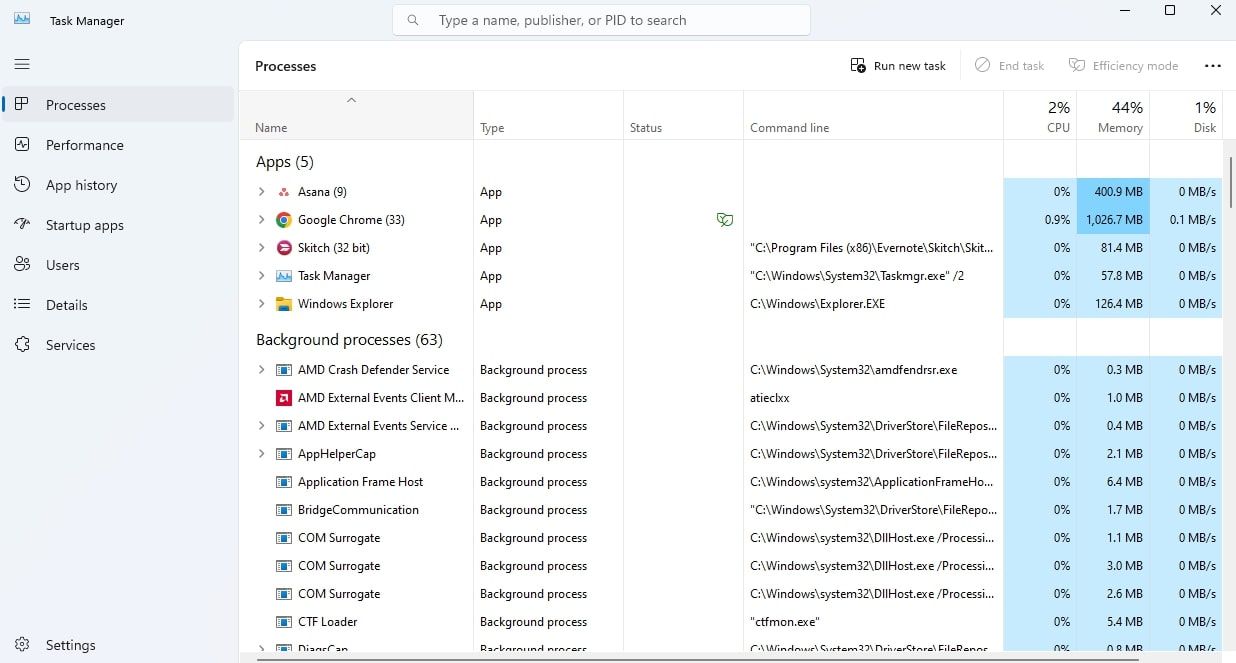 Вкладка «Командная строка» в Диспетчере задач