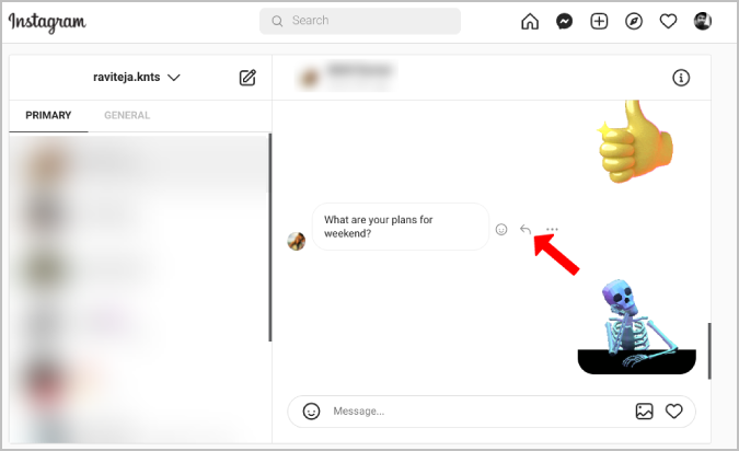 Survol d'un message sur la version web pour afficher l'icône Répondre