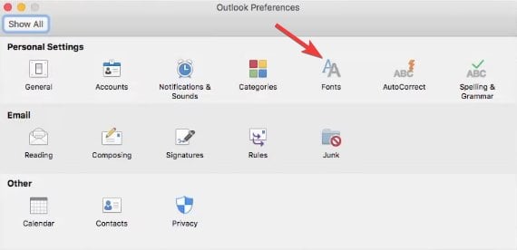 Окно выбора шрифтов в Outlook для Mac