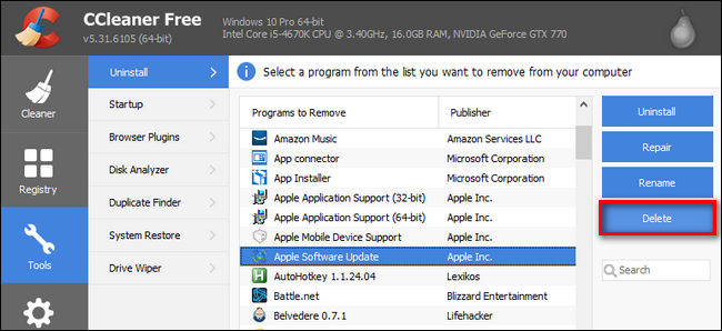 Инструмент удаления программ в CCleaner с выделенной записью для удаления