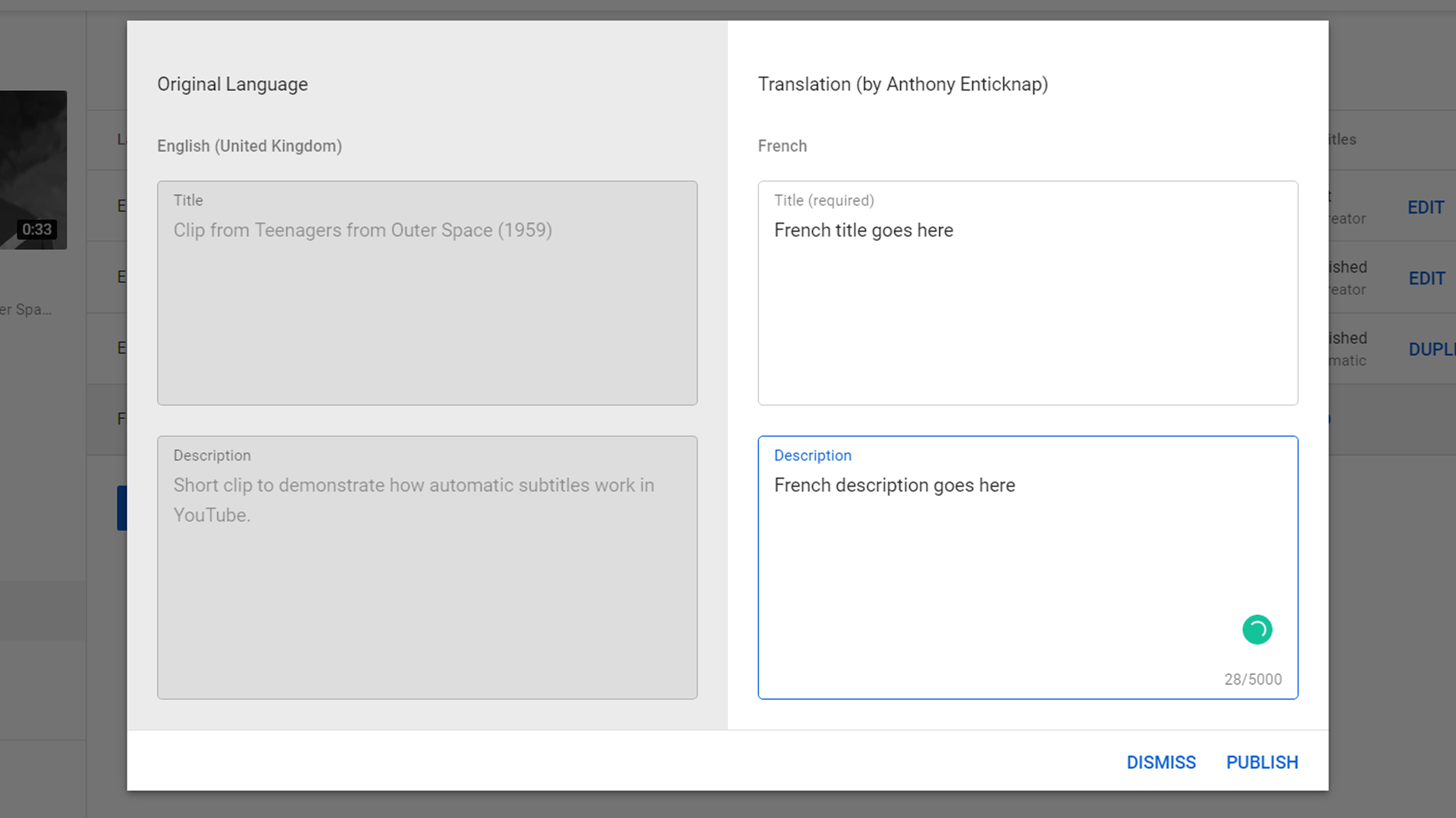 Французский заголовок и описание видео