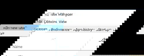 Окно Диспетчера задач с меню Файл и пунктом Запустить новую задачу