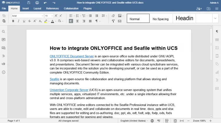 Режим редактирования документа docx в Seafile с помощью ONLYOFFICE