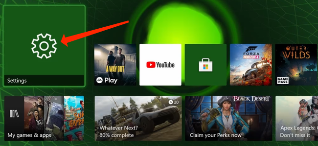 Откройте «Настройки» на Xbox Series X|S. Значок приложения «Настройки» — шестерёнка.