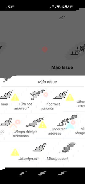 Экран с вариантами для сообщения: трафик, погодные условия, заблокированные полосы, проблемы карты.