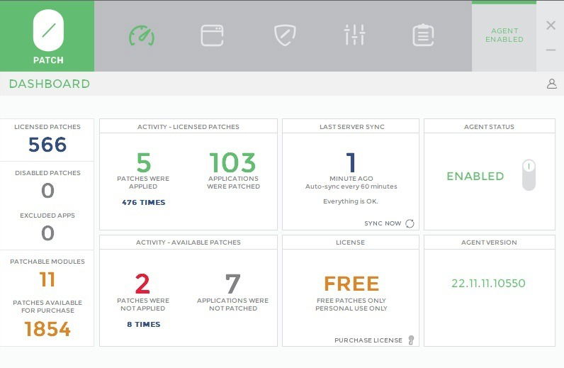 Dashboard des 0Patch-Desktop-Tools mit Statusanzeigen.