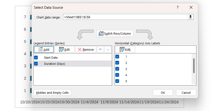 Диалог Select Data Source с заполненными данными, выбор подписей оси.