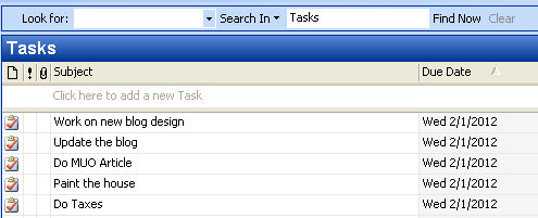 Список задач Outlook, пример