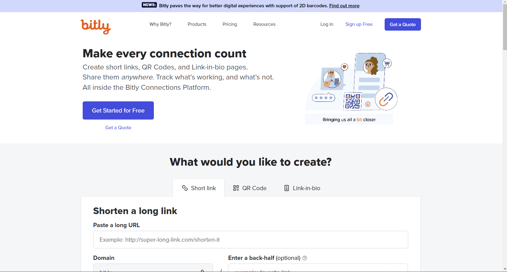 Главная страница сервиса Bitly с полем для вставки ссылки