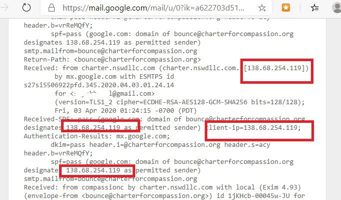 Изображение: пример заголовка письма со строкой Received и IP