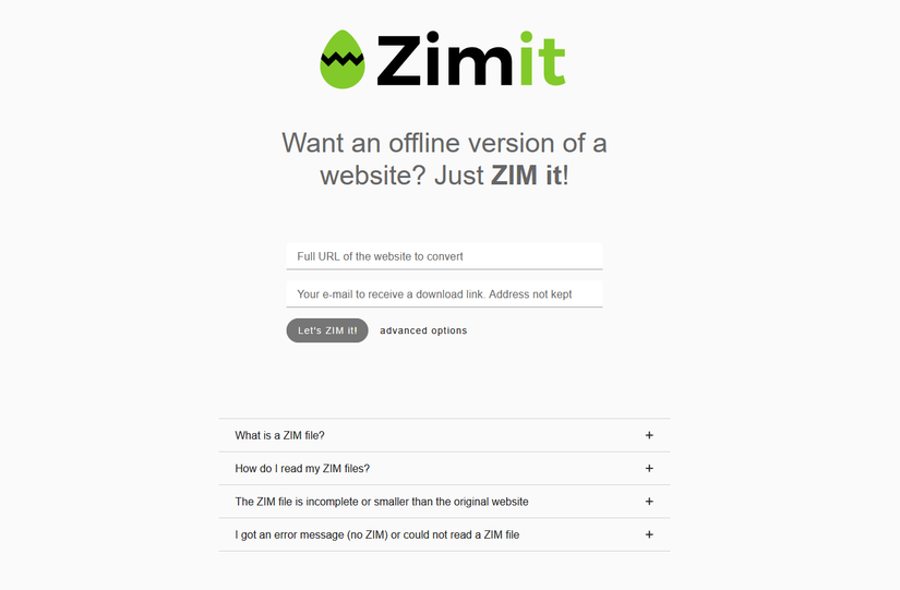 Интерфейс сайта Zimit для создания ZIM архивов из URL.