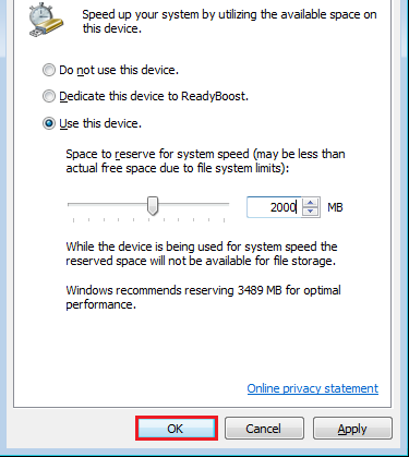 Применение настроек ReadyBoost