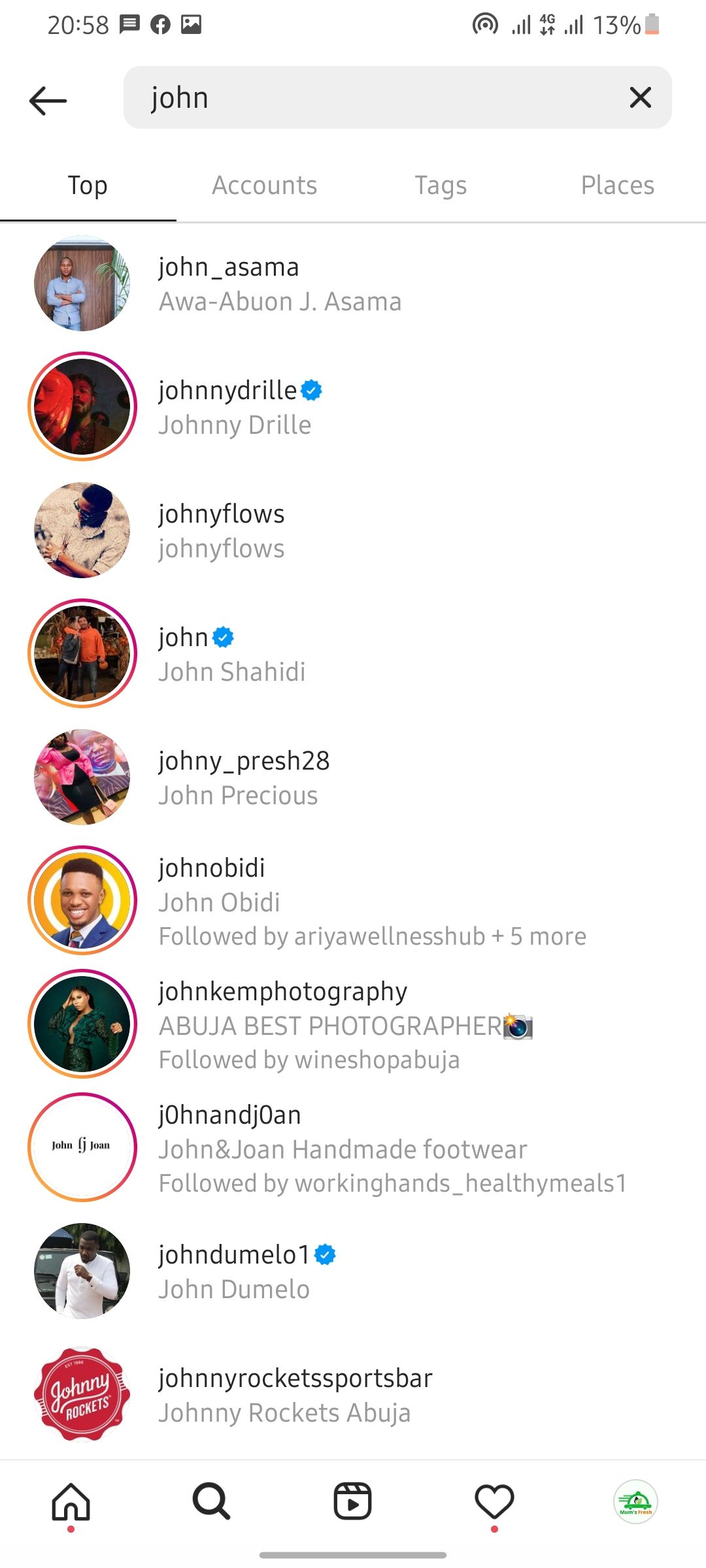 результаты поиска в Instagram с пользователем